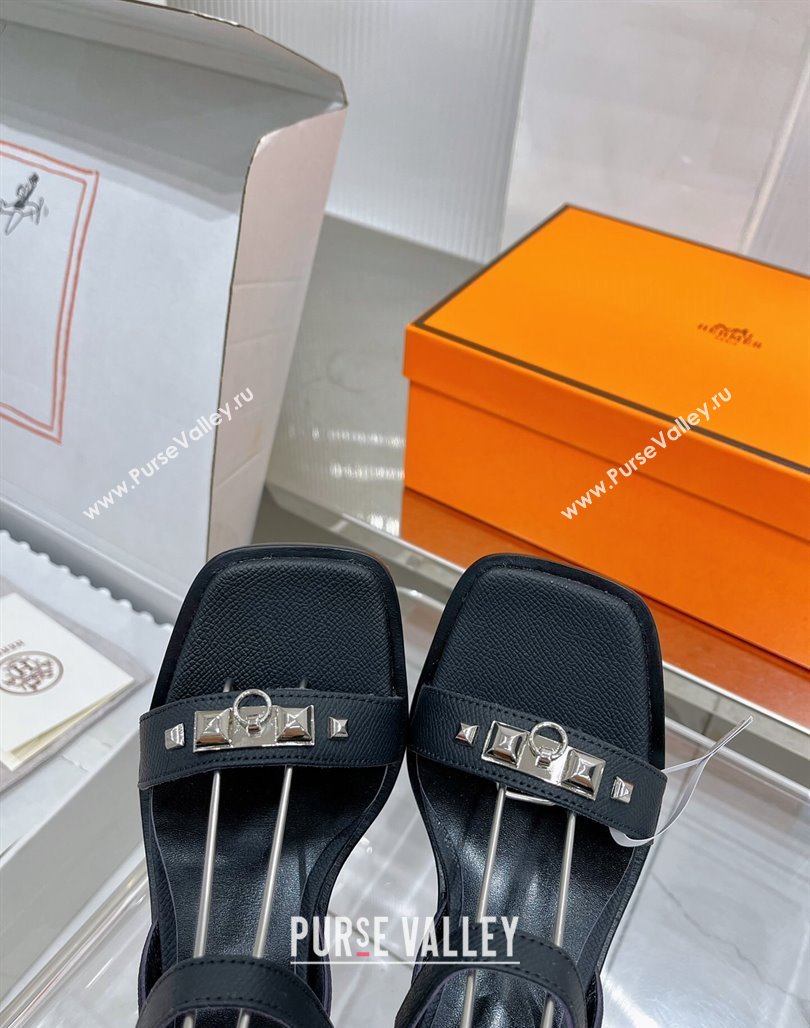 Hermes Ivresse Heel SandalS 8.5cm in Grained Calfskin with Medor Studs Black 2024 (ZN-240123005)