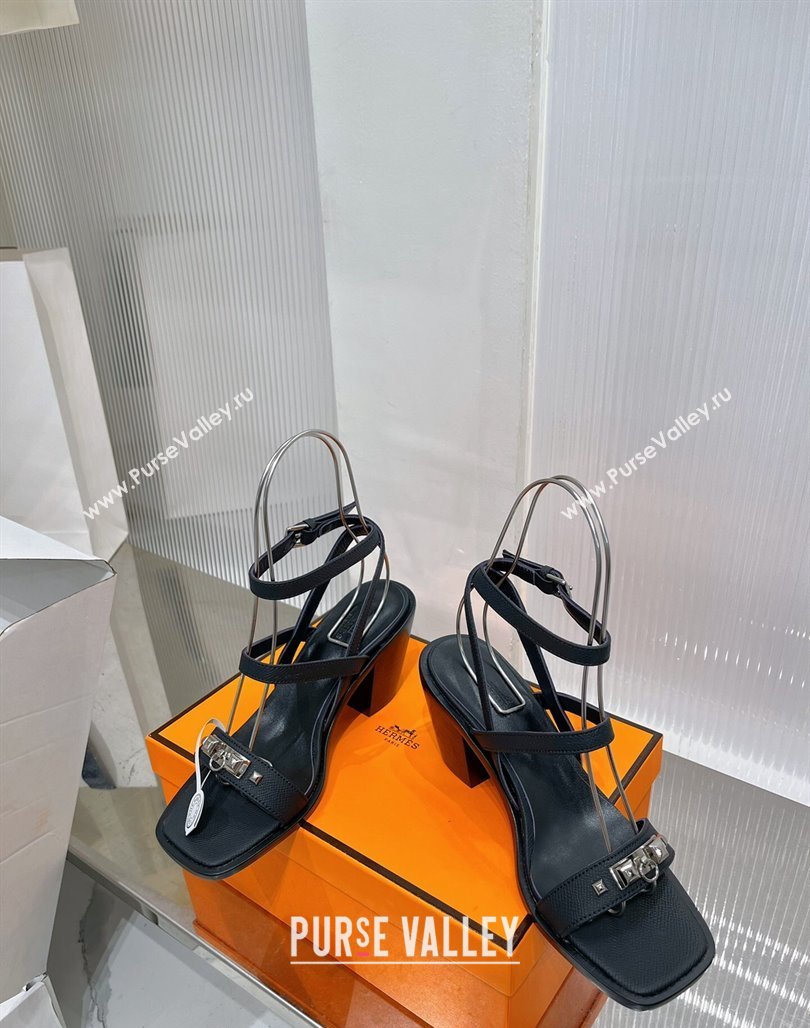 Hermes Ivresse Heel SandalS 8.5cm in Grained Calfskin with Medor Studs Black 2024 (ZN-240123005)