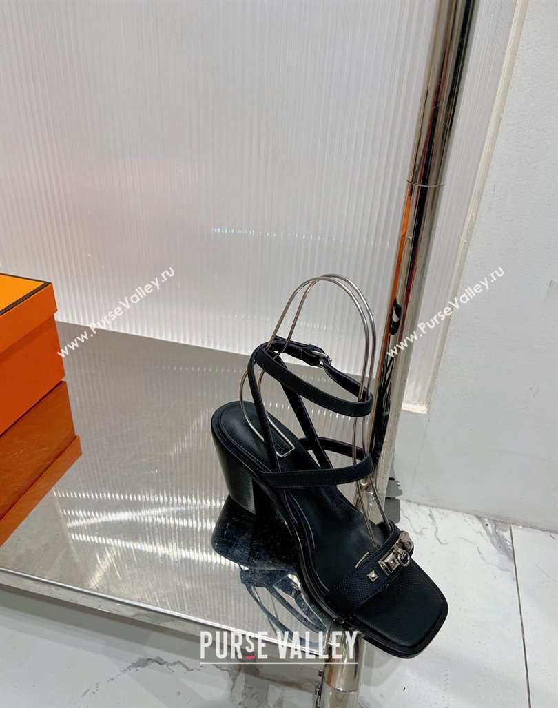 Hermes Ivresse Heel SandalS 8.5cm in Grained Calfskin with Medor Studs Black 2024 (ZN-240123005)