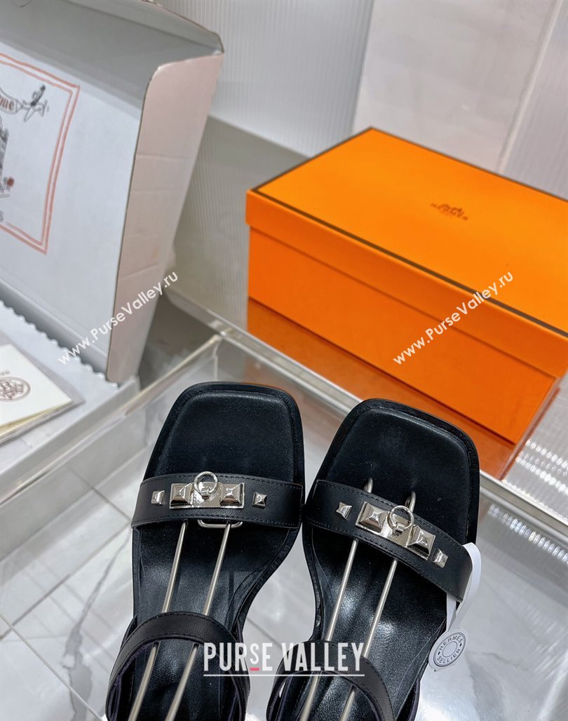 Hermes Ivresse Heel SandalS 8.5cm in Calfskin Leather with Medor Studs Black 2024 (ZN-240123001)