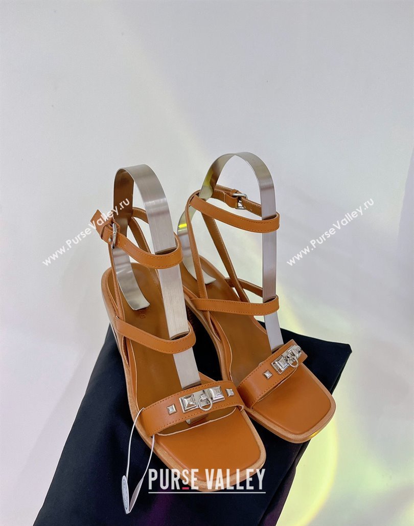 Hermes Ivresse Heel SandalS 8.5cm in Calfskin Leather with Medor Studs Brown 2024 (ZN-240123006)