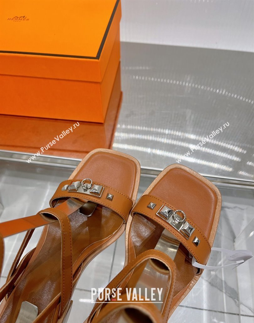 Hermes Ivresse Heel SandalS 8.5cm in Calfskin Leather with Medor Studs Brown 2024 (ZN-240123006)