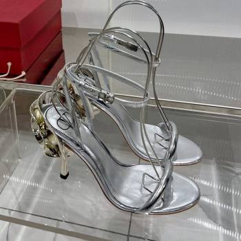 Valentino Roserouche Sandal 10cm in Calfskin Silver 2024 0124 (ZN-240124131)