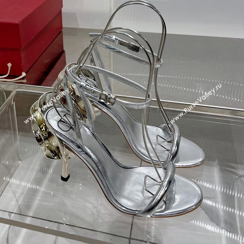 Valentino Roserouche Sandal 10cm in Calfskin Silver 2024 0124 (ZN-240124131)