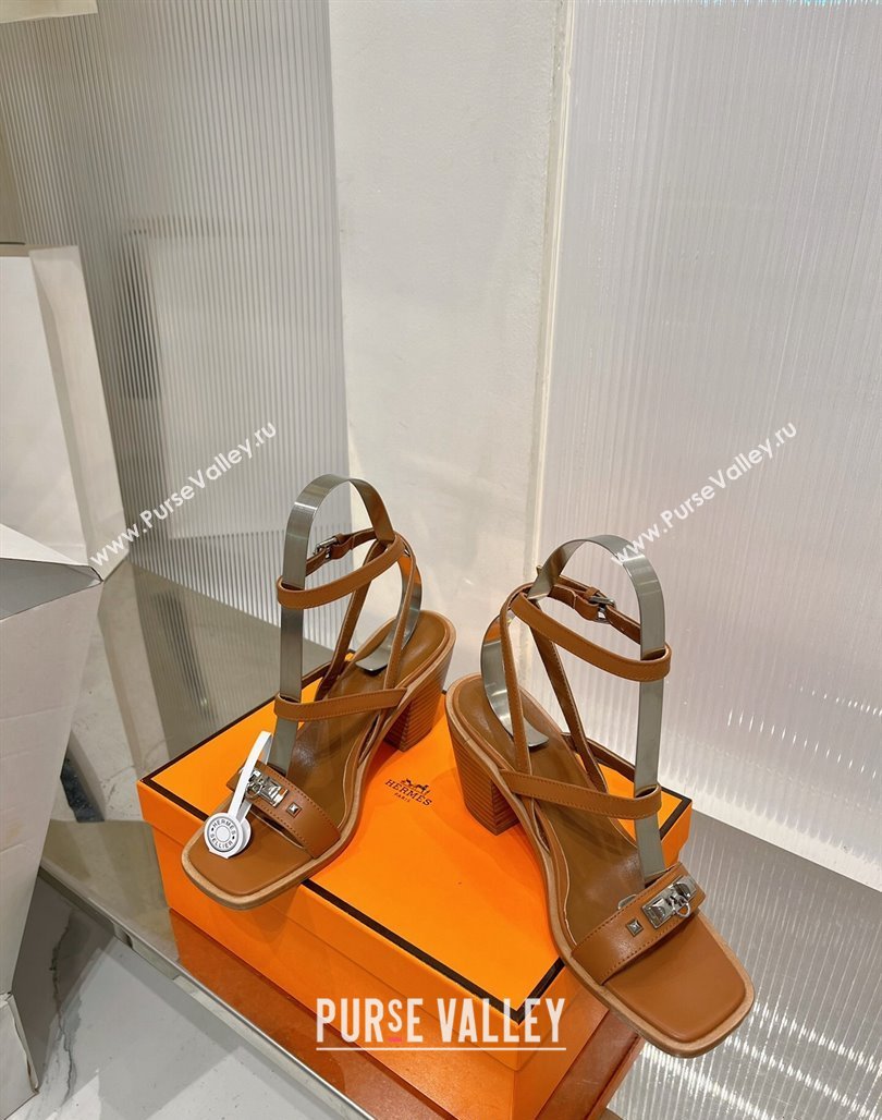 Hermes Ivresse Heel SandalS 8.5cm in Calfskin Leather with Medor Studs Brown 2024 (ZN-240123006)