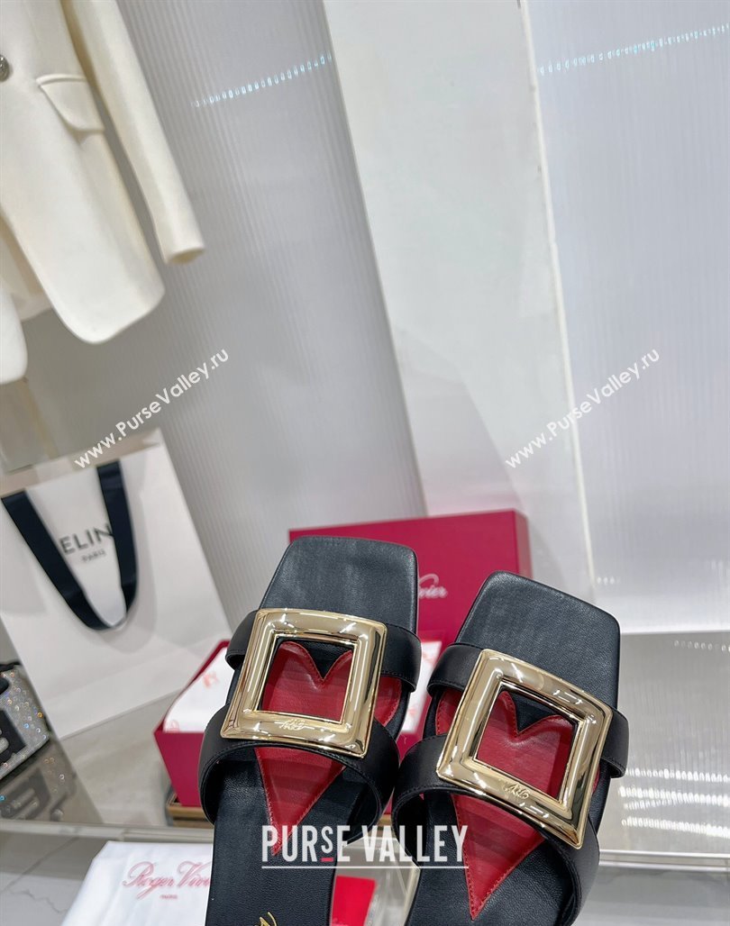 Roger Vivier Stitching Buckle Flat Slide Sandals in Leather Black 2024 0124 (ZN-240124111)