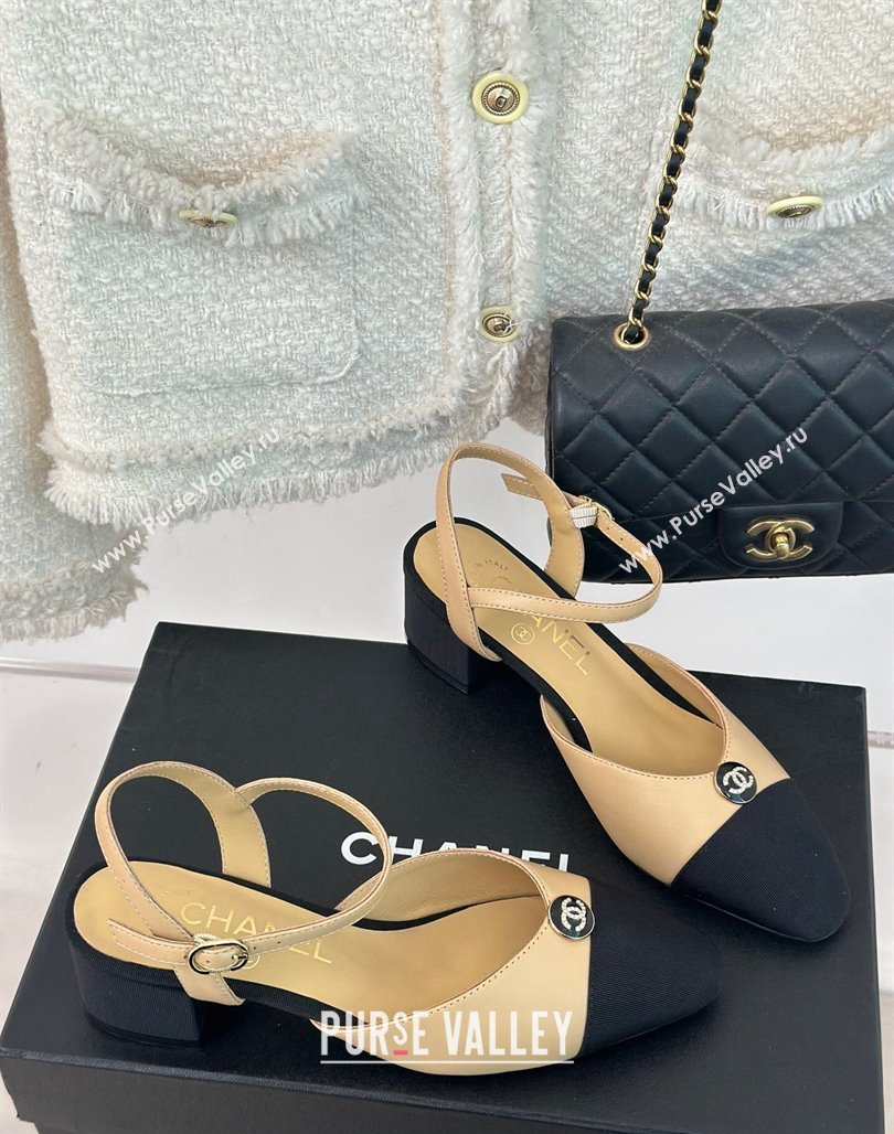 Chanel Calfskin Slingback Pumps with Crystals CC Button Beige 2024 0126 (MD-240126038)