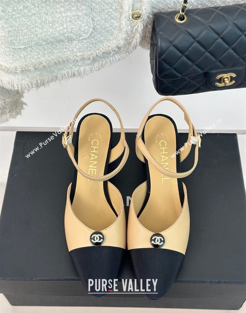 Chanel Calfskin Slingback Pumps with Crystals CC Button Beige 2024 0126 (MD-240126038)