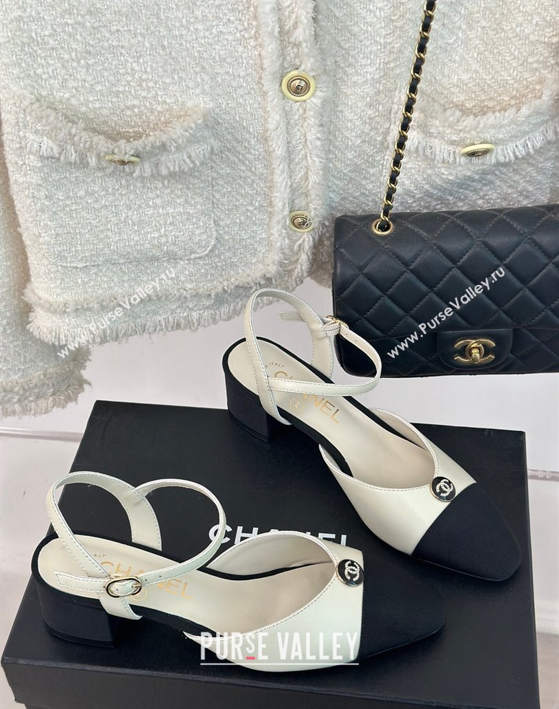 Chanel Calfskin Slingback Pumps with Crystals CC Button White 2024 0126 (MD-240126039)