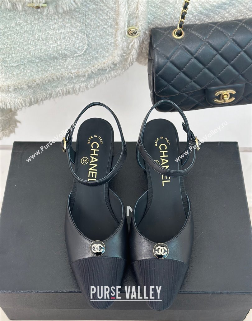 Chanel Calfskin Slingback Pumps with Crystals CC Button Black 2024 0126 (MD-240126040)