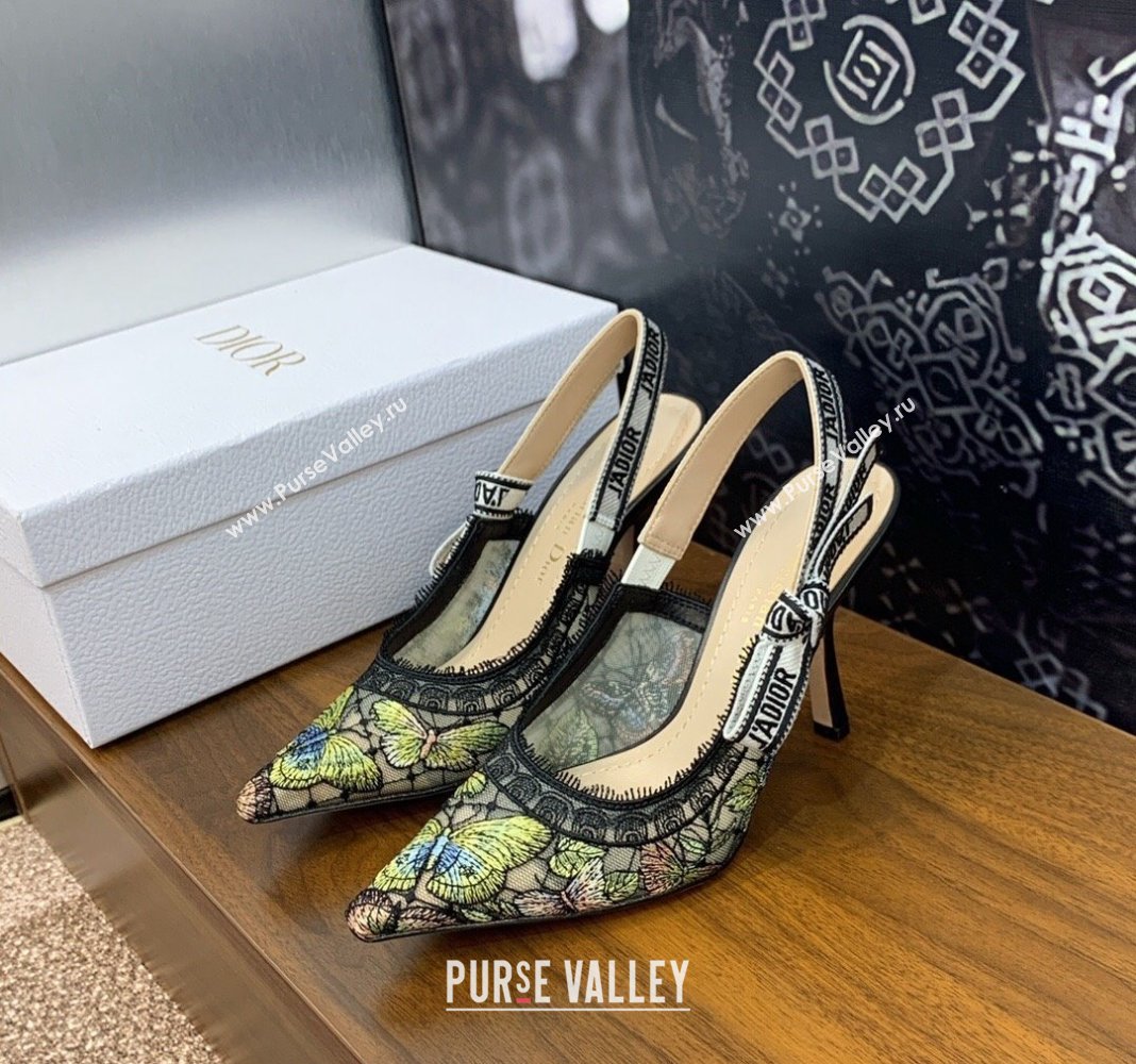 Dior JAdior Slingback Pumps 9.5cm in Transparent Mesh Embroidered with Green Multicolor Butterfly Motif 2024 (MD-240125117)