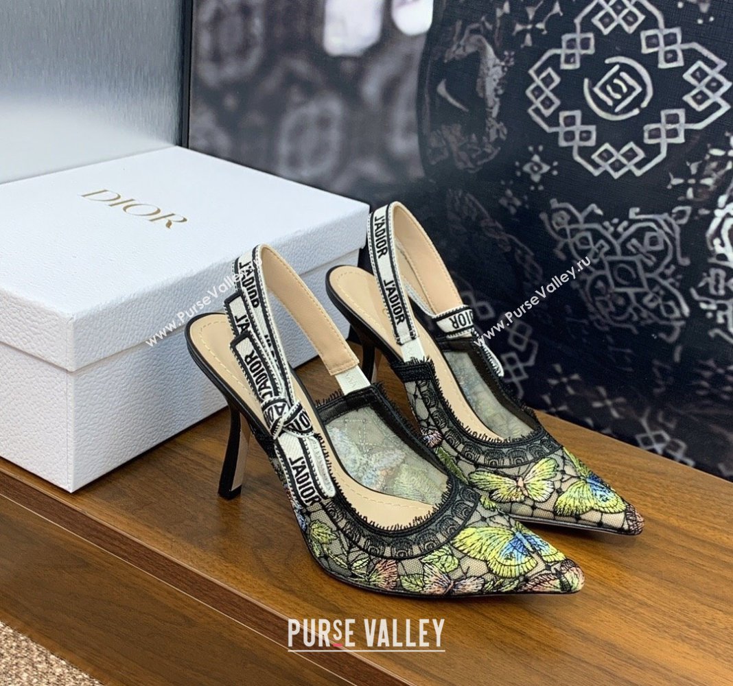 Dior JAdior Slingback Pumps 9.5cm in Transparent Mesh Embroidered with Green Multicolor Butterfly Motif 2024 (MD-240125117)