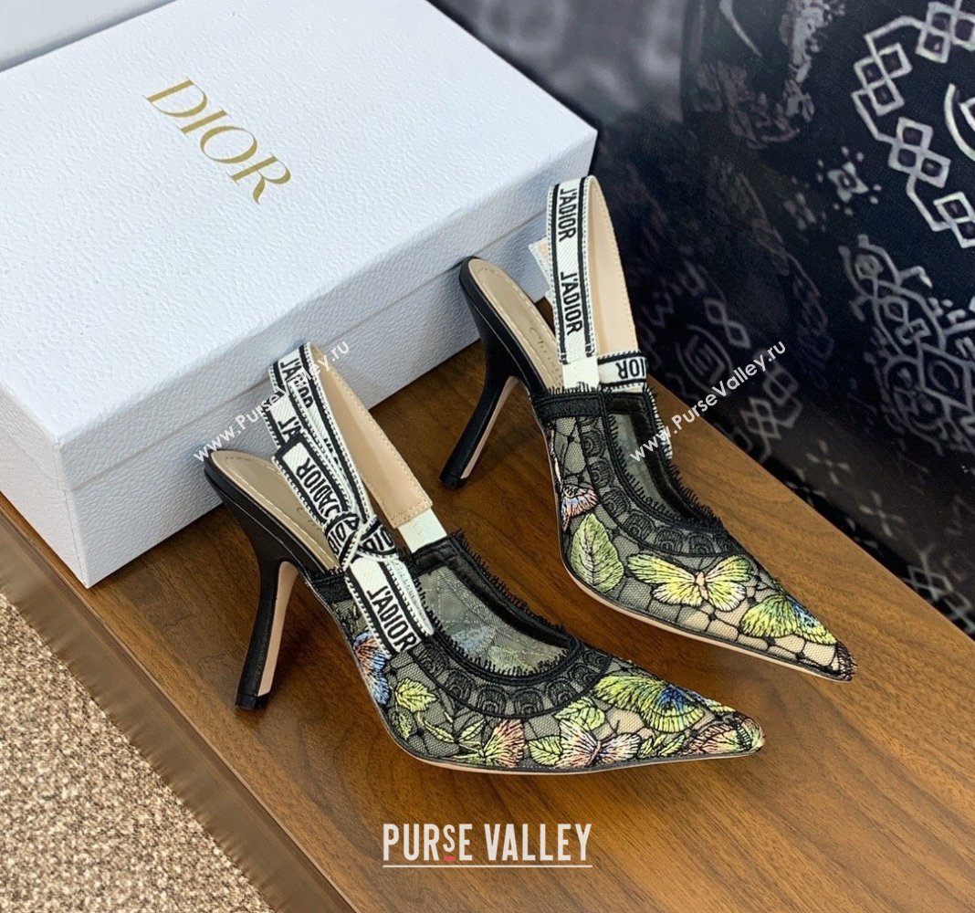 Dior JAdior Slingback Pumps 9.5cm in Transparent Mesh Embroidered with Green Multicolor Butterfly Motif 2024 (MD-240125117)