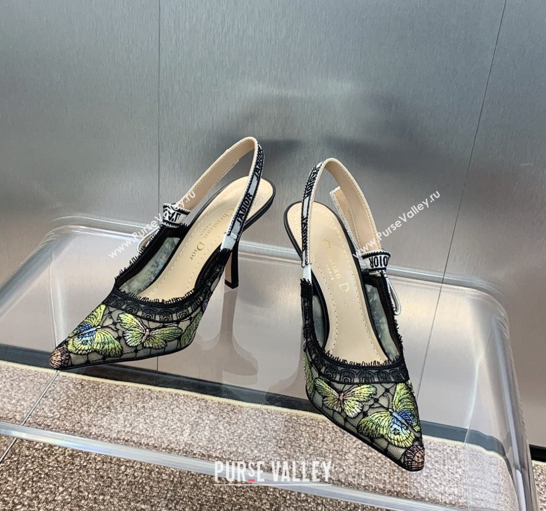 Dior JAdior Slingback Pumps 9.5cm in Transparent Mesh Embroidered with Green Multicolor Butterfly Motif 2024 (MD-240125117)