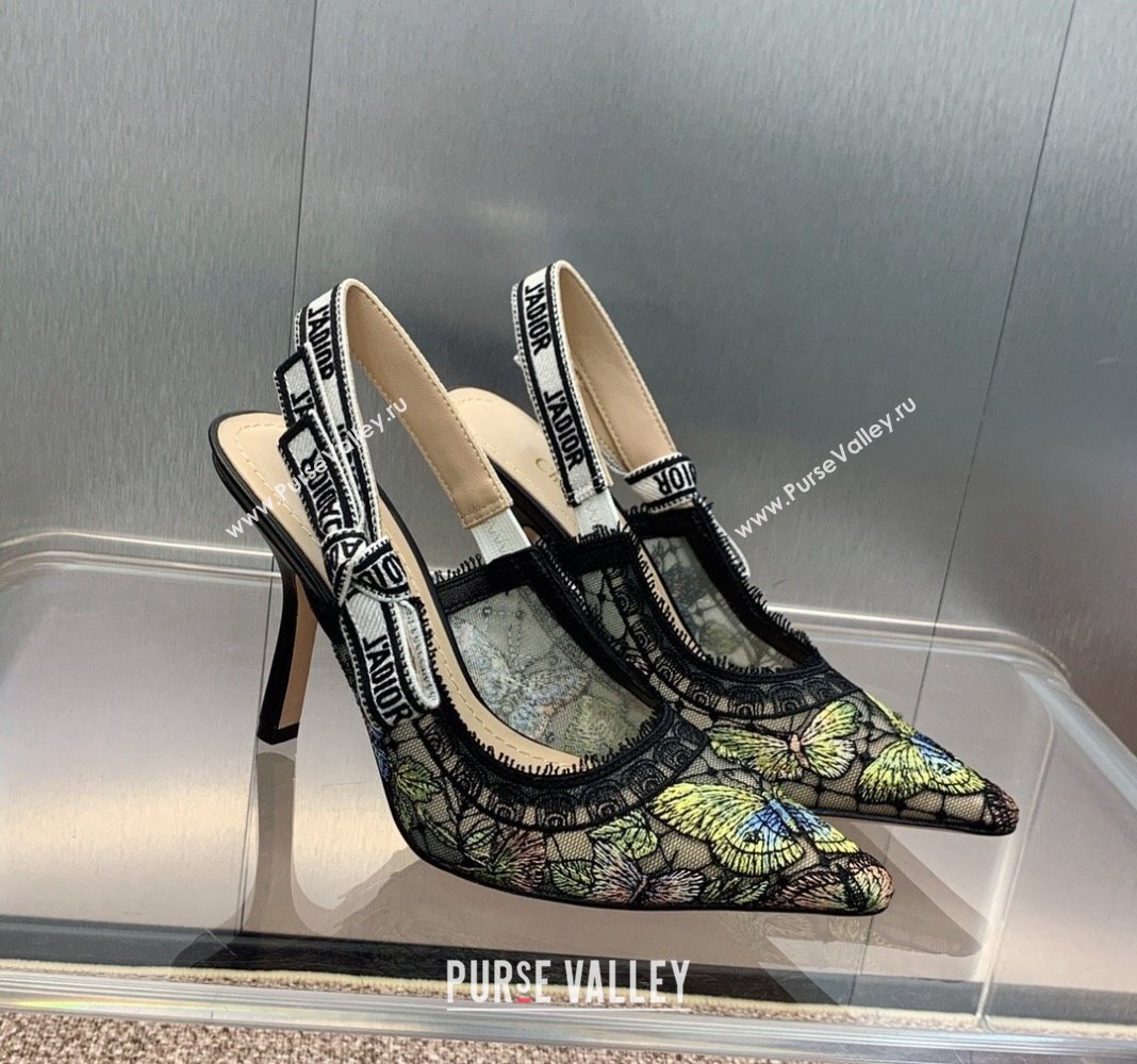 Dior JAdior Slingback Pumps 9.5cm in Transparent Mesh Embroidered with Green Multicolor Butterfly Motif 2024 (MD-240125117)