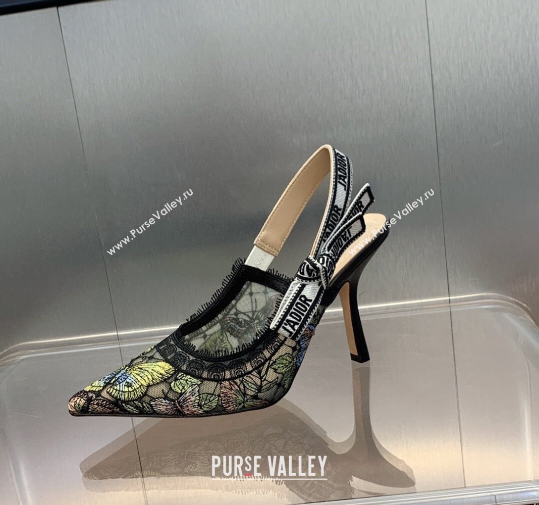 Dior JAdior Slingback Pumps 9.5cm in Transparent Mesh Embroidered with Green Multicolor Butterfly Motif 2024 (MD-240125117)