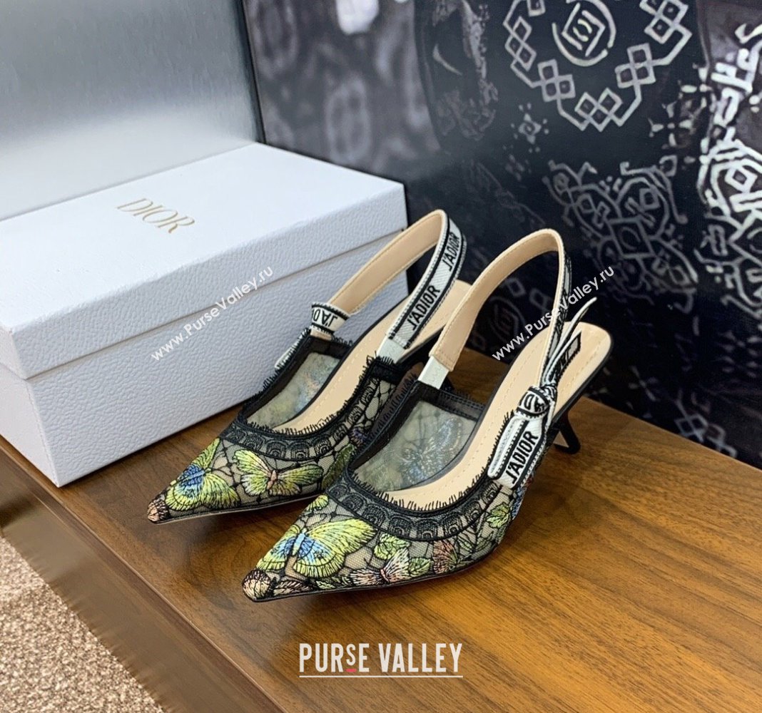 Dior JAdior Slingback Pumps 6.5cm in Transparent Mesh Embroidered with Green Multicolor Butterfly Motif 2024 (MD-240125118)