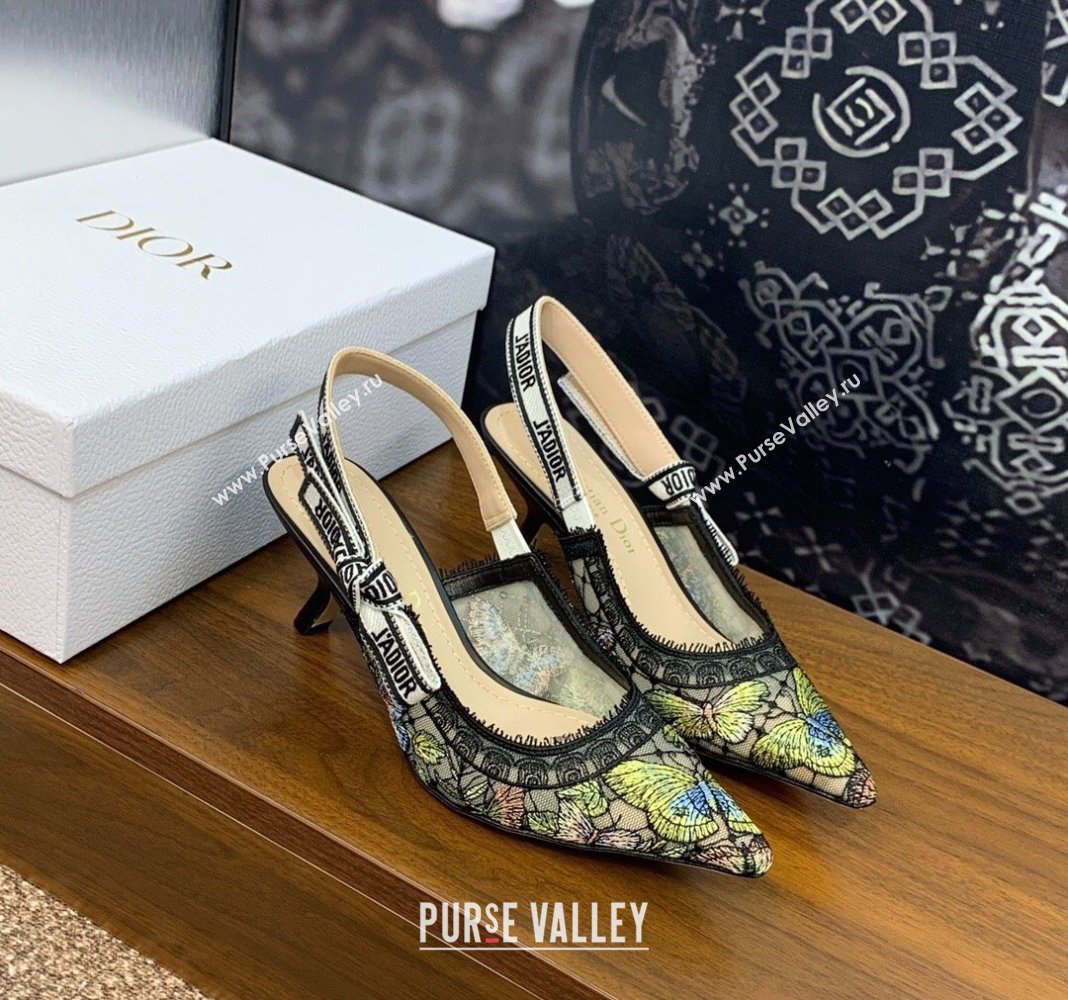 Dior JAdior Slingback Pumps 6.5cm in Transparent Mesh Embroidered with Green Multicolor Butterfly Motif 2024 (MD-240125118)