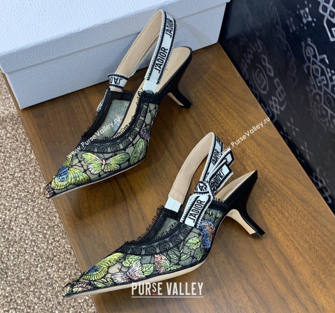 Dior JAdior Slingback Pumps 6.5cm in Transparent Mesh Embroidered with Green Multicolor Butterfly Motif 2024 (MD-240125118)