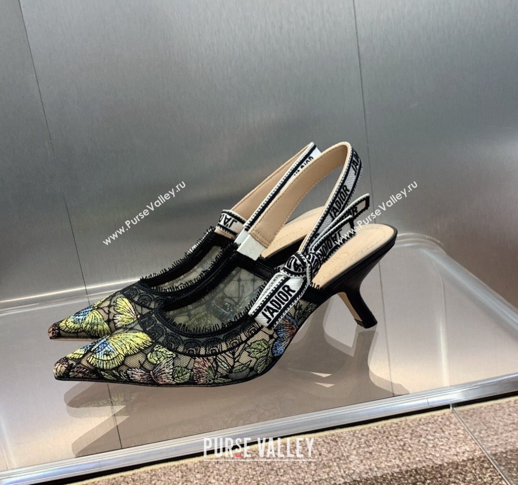 Dior JAdior Slingback Pumps 6.5cm in Transparent Mesh Embroidered with Green Multicolor Butterfly Motif 2024 (MD-240125118)