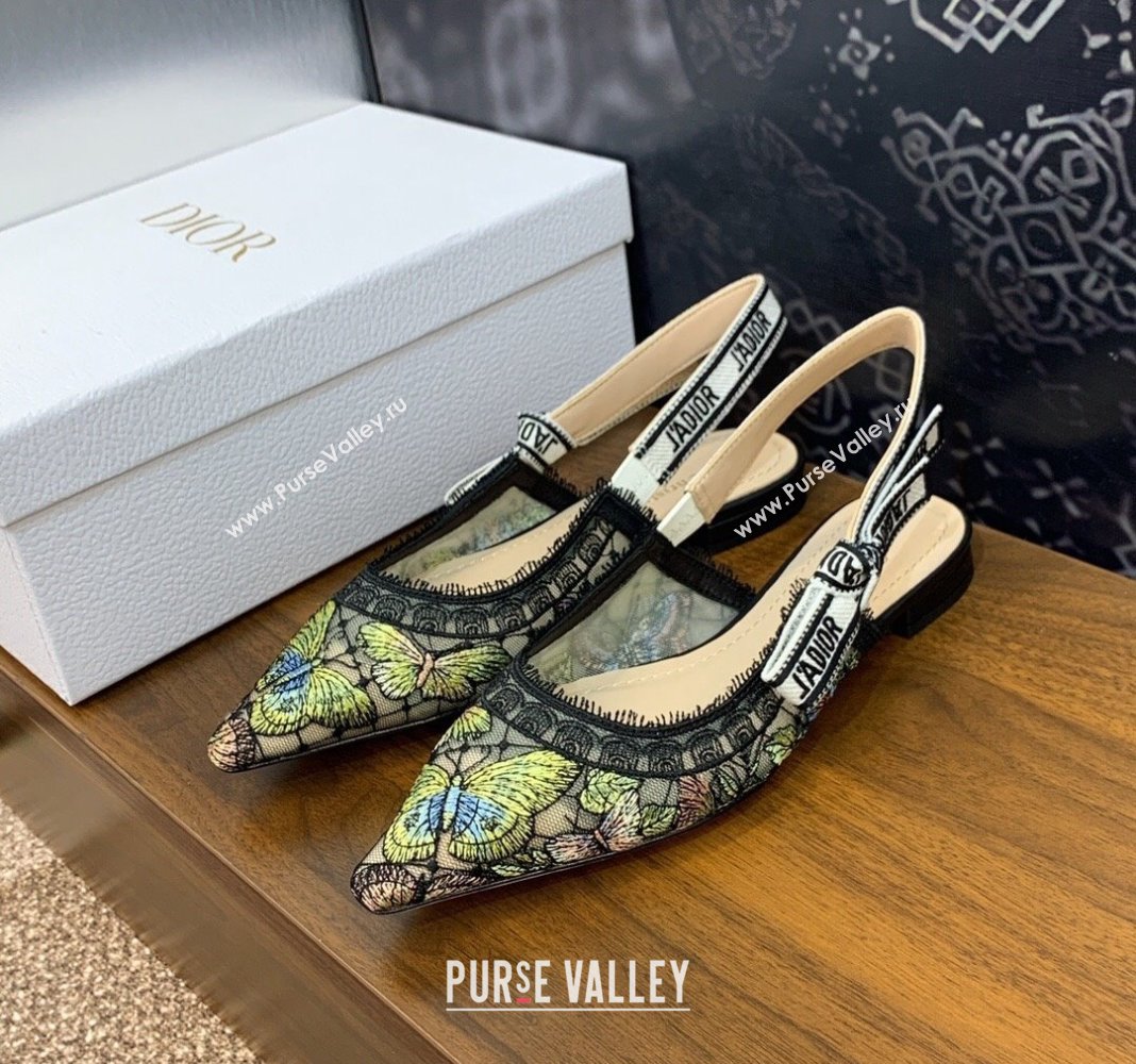 Dior JAdior Slingback Ballet Flat in Transparent Mesh Embroidered with Green Multicolor Butterfly Motif 2024 (MD-240125119)