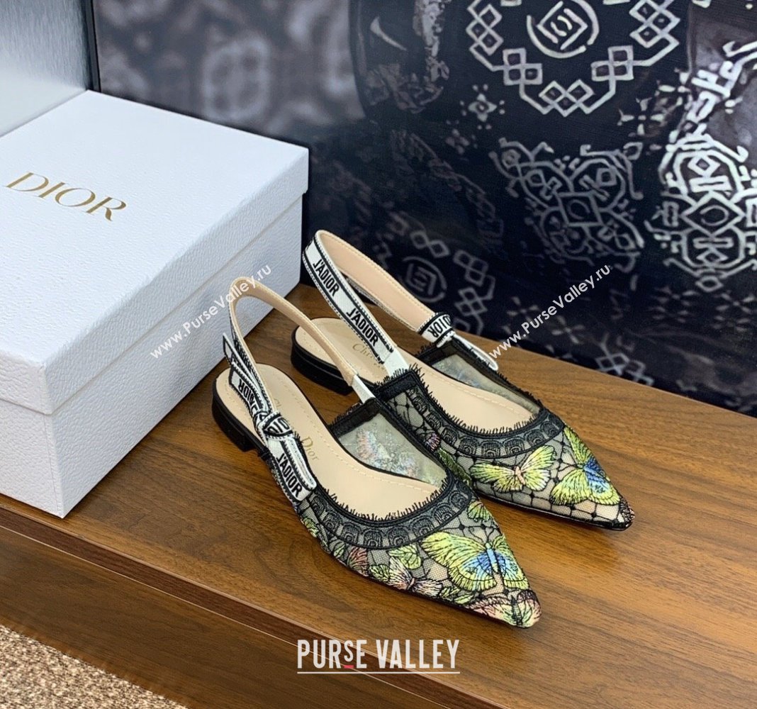 Dior JAdior Slingback Ballet Flat in Transparent Mesh Embroidered with Green Multicolor Butterfly Motif 2024 (MD-240125119)