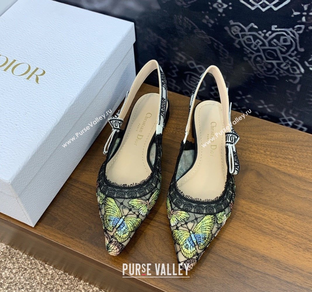 Dior JAdior Slingback Ballet Flat in Transparent Mesh Embroidered with Green Multicolor Butterfly Motif 2024 (MD-240125119)