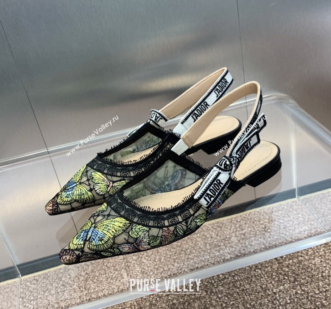 Dior JAdior Slingback Ballet Flat in Transparent Mesh Embroidered with Green Multicolor Butterfly Motif 2024 (MD-240125119)