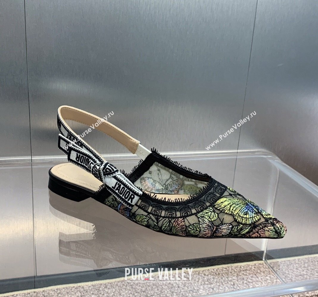 Dior JAdior Slingback Ballet Flat in Transparent Mesh Embroidered with Green Multicolor Butterfly Motif 2024 (MD-240125119)