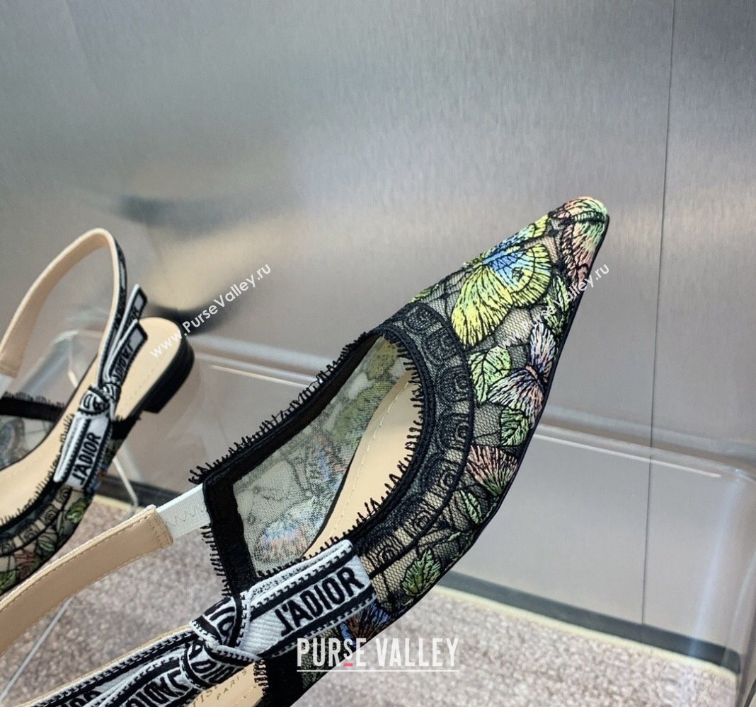 Dior JAdior Slingback Ballet Flat in Transparent Mesh Embroidered with Green Multicolor Butterfly Motif 2024 (MD-240125119)