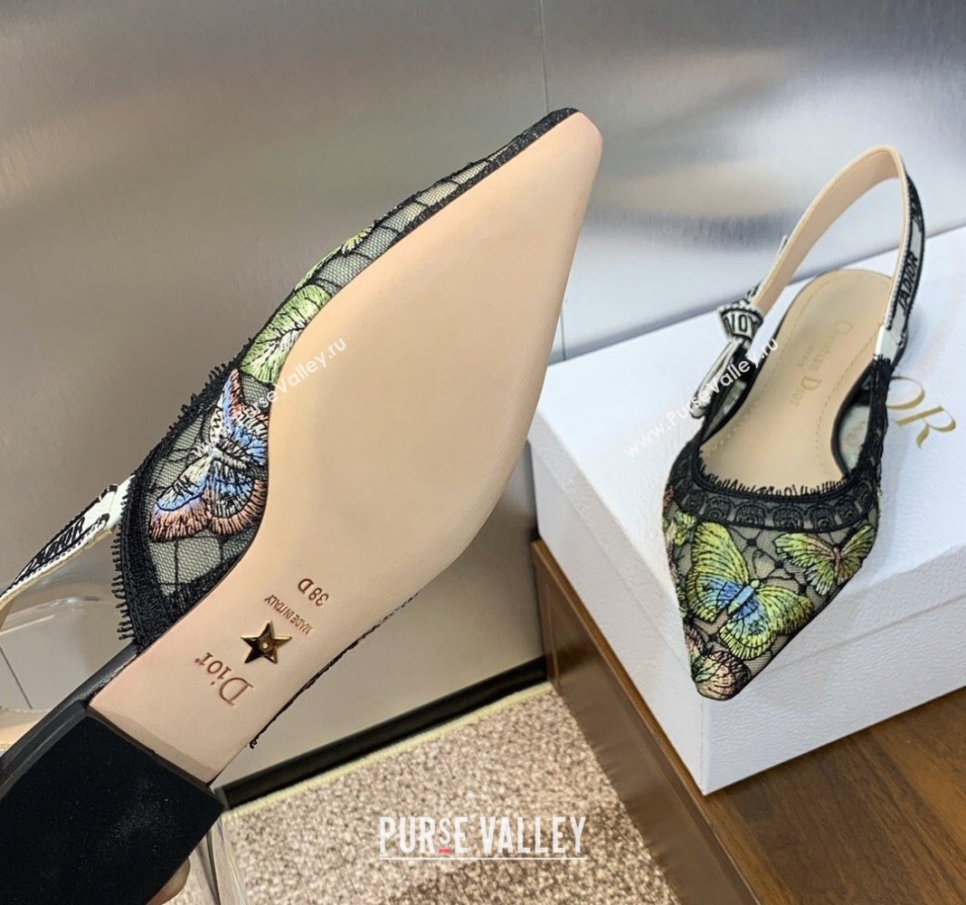 Dior JAdior Slingback Ballet Flat in Transparent Mesh Embroidered with Green Multicolor Butterfly Motif 2024 (MD-240125119)