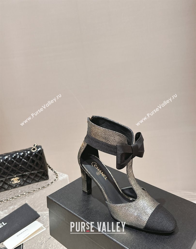 Chanel Aged Metallic Calfskin Cutout Heel Ankle Boots 8cm with Bow Gold 2024 0126 (MD-240126076)