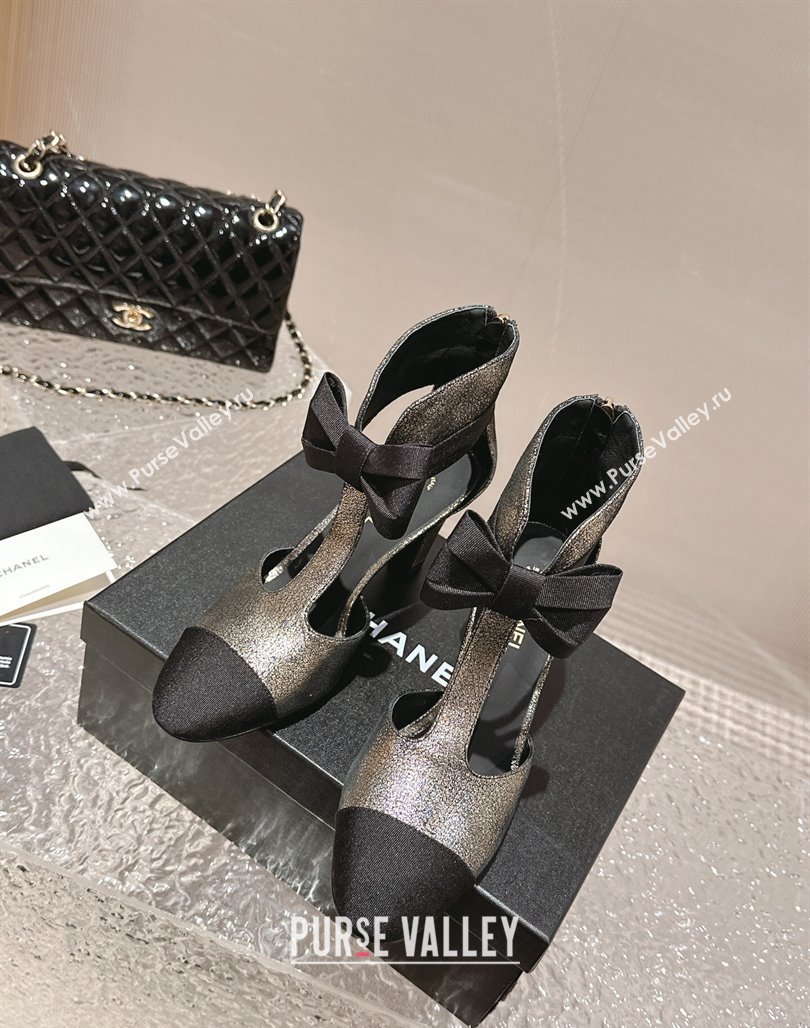 Chanel Aged Metallic Calfskin Cutout Heel Ankle Boots 8cm with Bow Gold 2024 0126 (MD-240126076)