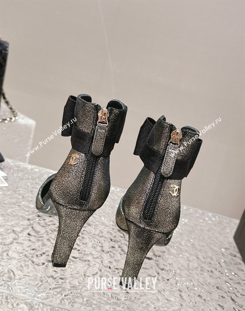 Chanel Aged Metallic Calfskin Cutout Heel Ankle Boots 8cm with Bow Gold 2024 0126 (MD-240126076)