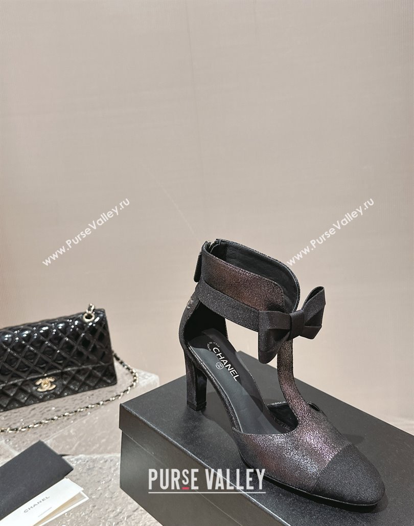 Chanel Aged Metallic Calfskin Cutout Heel Ankle Boots 8cm with Bow Purple 2024 0126 (MD-240126077)