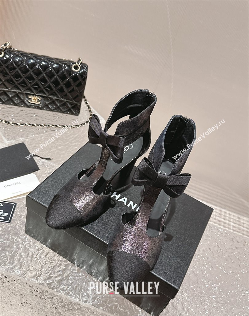 Chanel Aged Metallic Calfskin Cutout Heel Ankle Boots 8cm with Bow Purple 2024 0126 (MD-240126077)