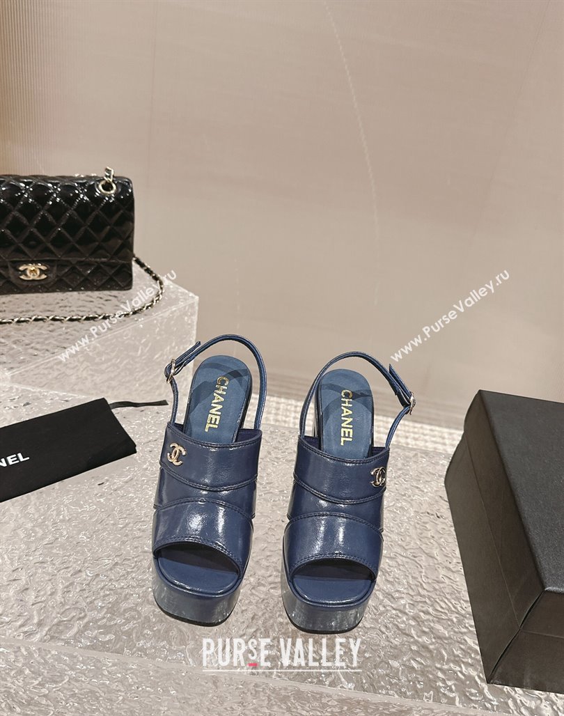 Chanel Patent Calfskin Platform Sandals Blue 2024 0126 (MD-240126078)