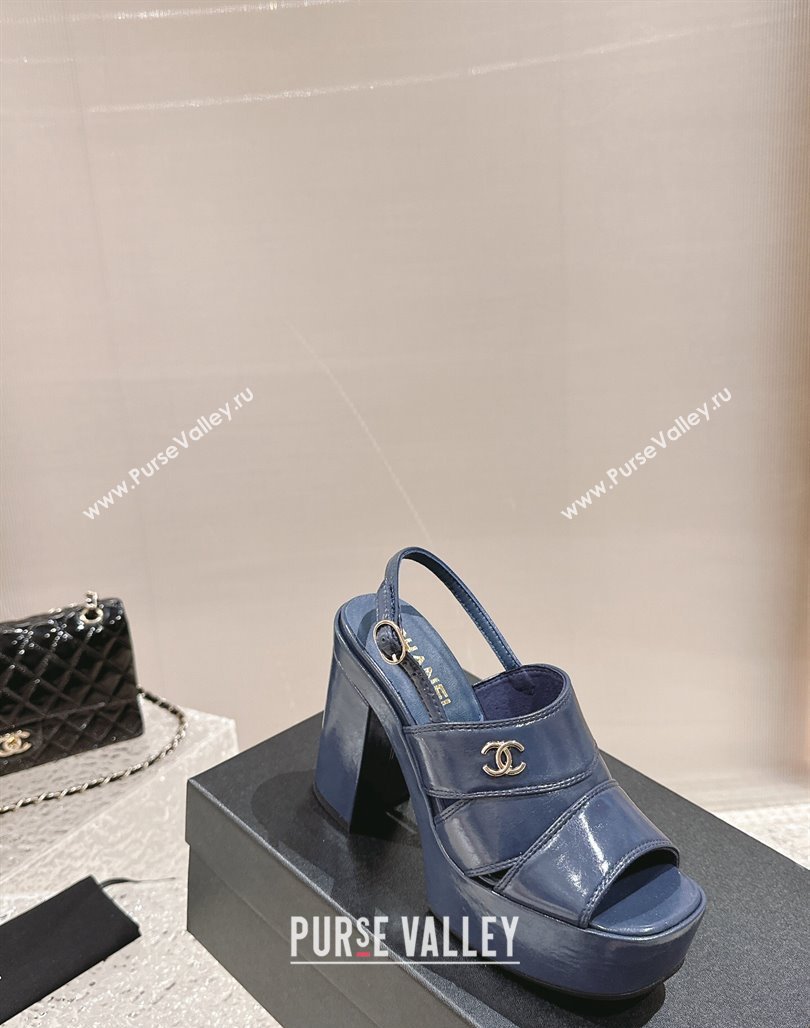 Chanel Patent Calfskin Platform Sandals Blue 2024 0126 (MD-240126078)