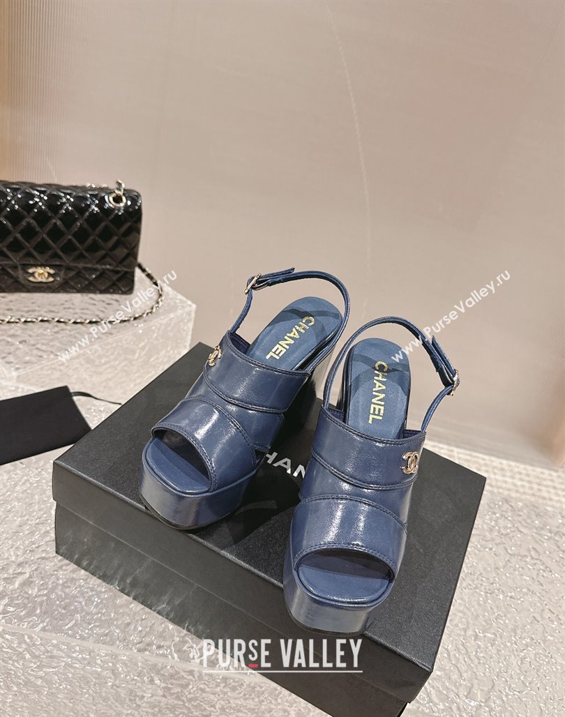 Chanel Patent Calfskin Platform Sandals Blue 2024 0126 (MD-240126078)