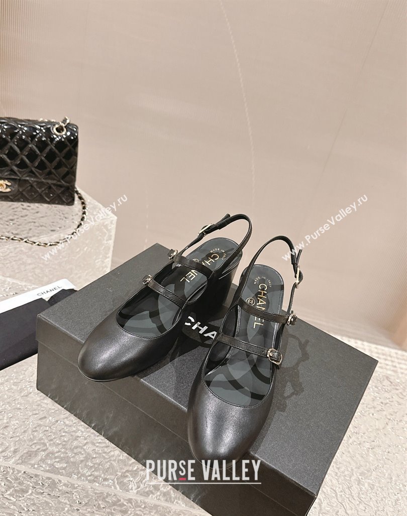 Chanel Calfskin Double Strap Mary Jane Slingback Pumps Black 2024 0126 (MD-240126088)