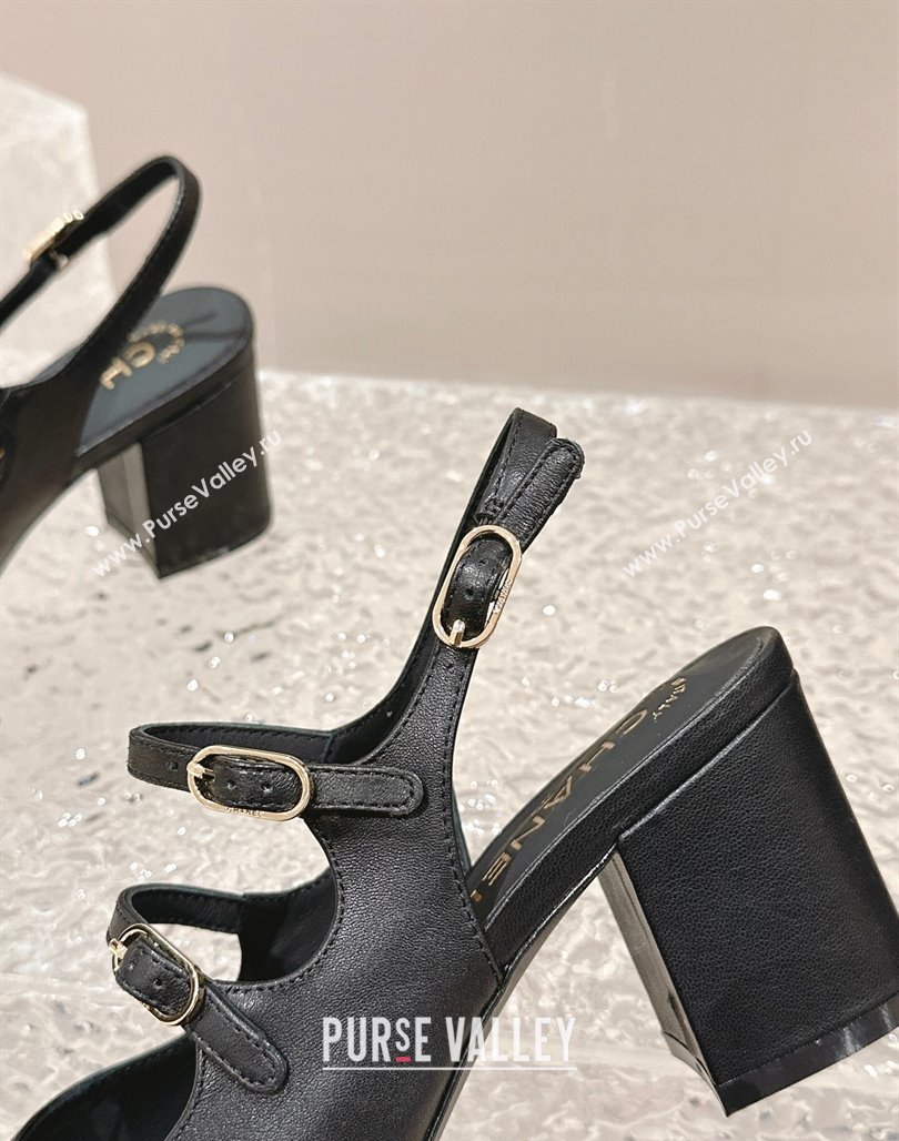 Chanel Calfskin Double Strap Mary Jane Slingback Pumps Black 2024 0126 (MD-240126088)