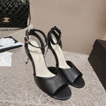 Chanel Calfskin Sandals 8.5cm with Pearls Heel and CC Embroidery Black 2024 0126 (MD-240126059)