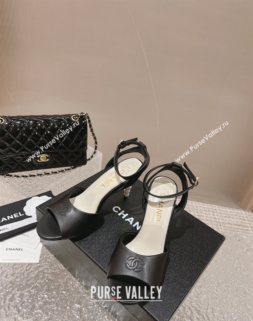 Chanel Calfskin Sandals 8.5cm with Pearls Heel and CC Embroidery Black 2024 0126 (MD-240126059)