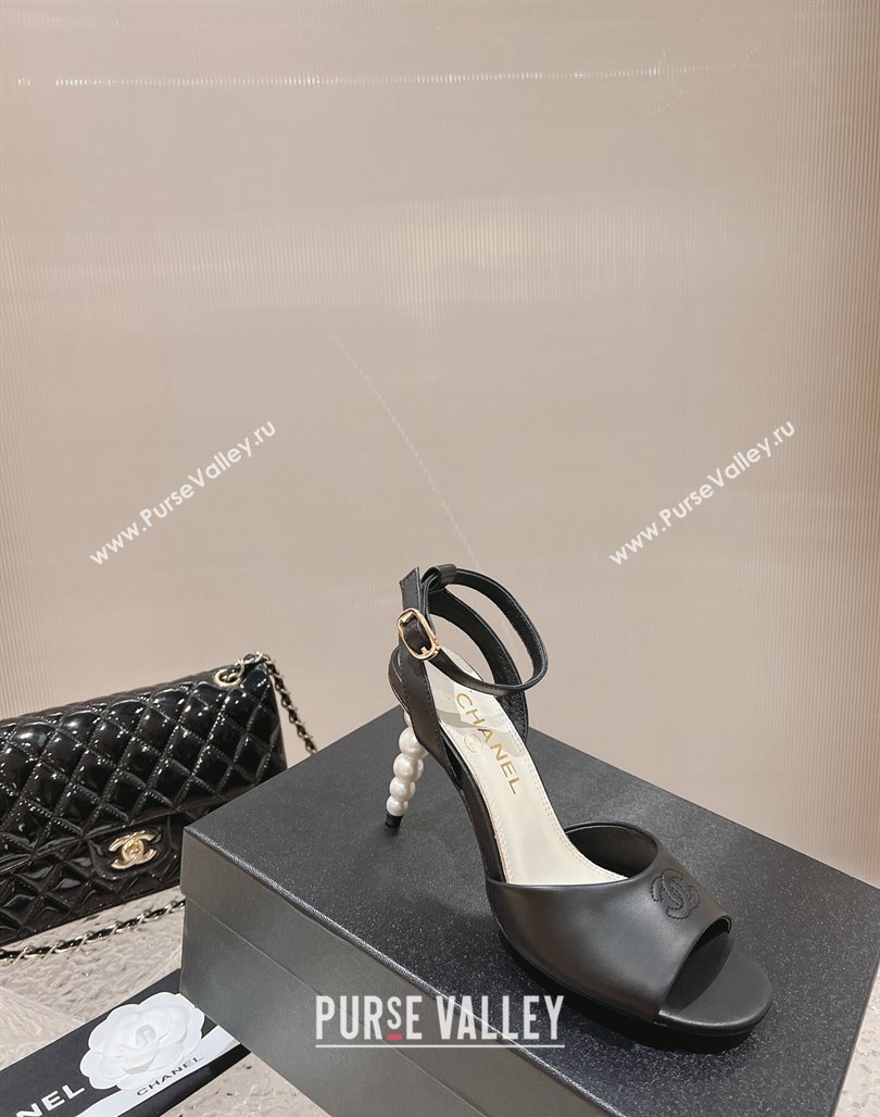 Chanel Calfskin Sandals 8.5cm with Pearls Heel and CC Embroidery Black 2024 0126 (MD-240126059)