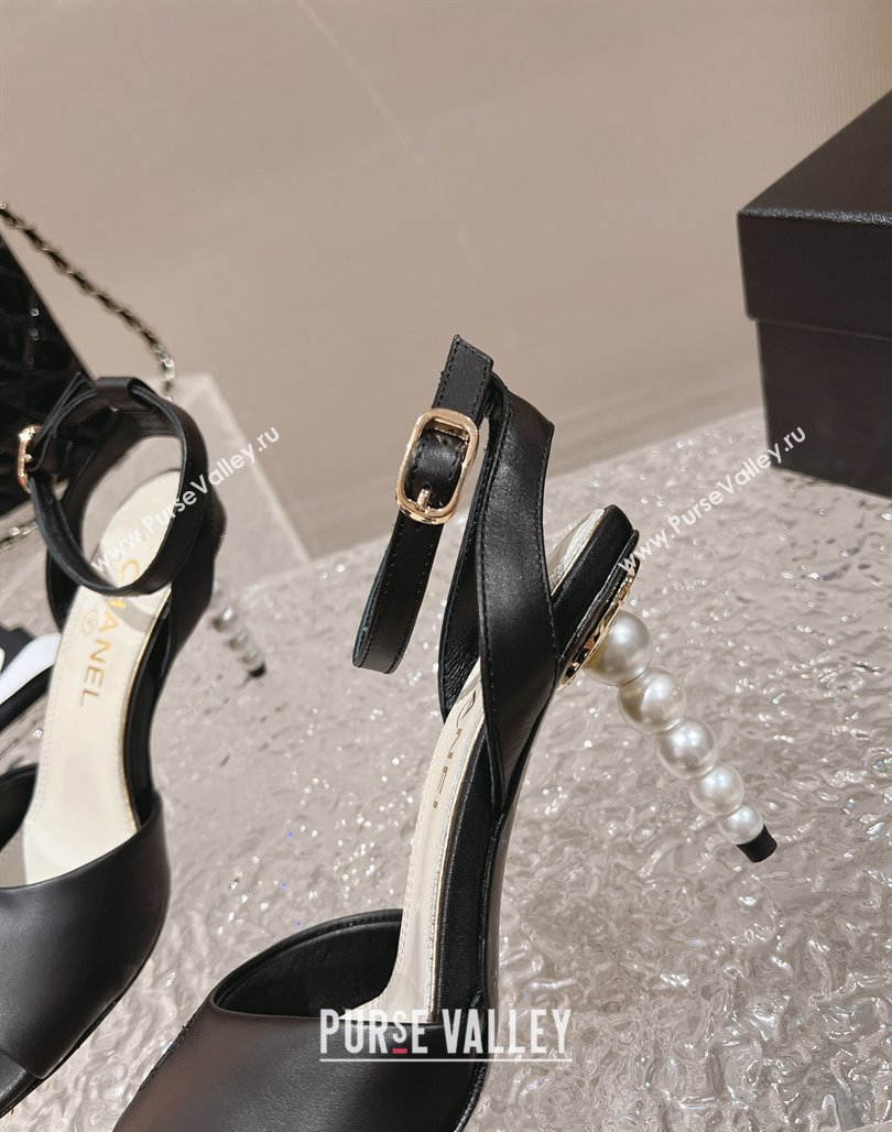 Chanel Calfskin Sandals 8.5cm with Pearls Heel and CC Embroidery Black 2024 0126 (MD-240126059)