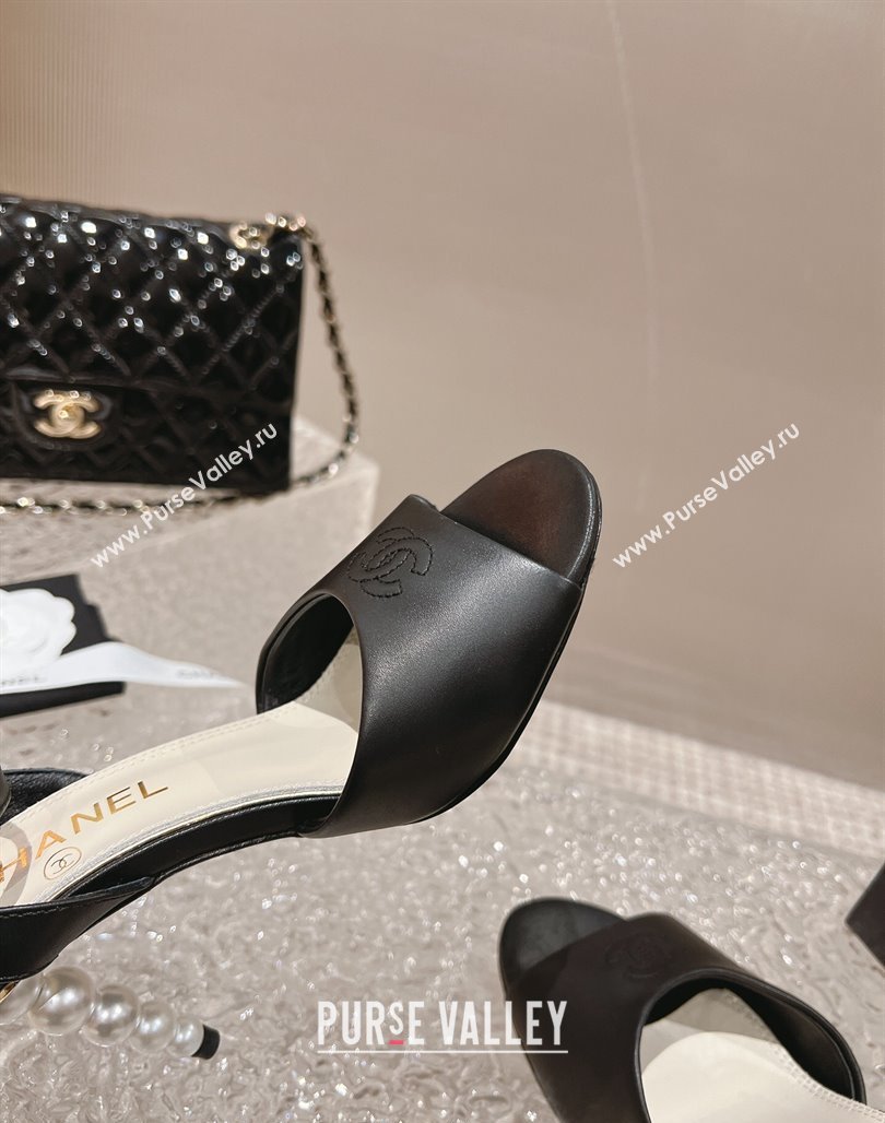 Chanel Calfskin Sandals 8.5cm with Pearls Heel and CC Embroidery Black 2024 0126 (MD-240126059)