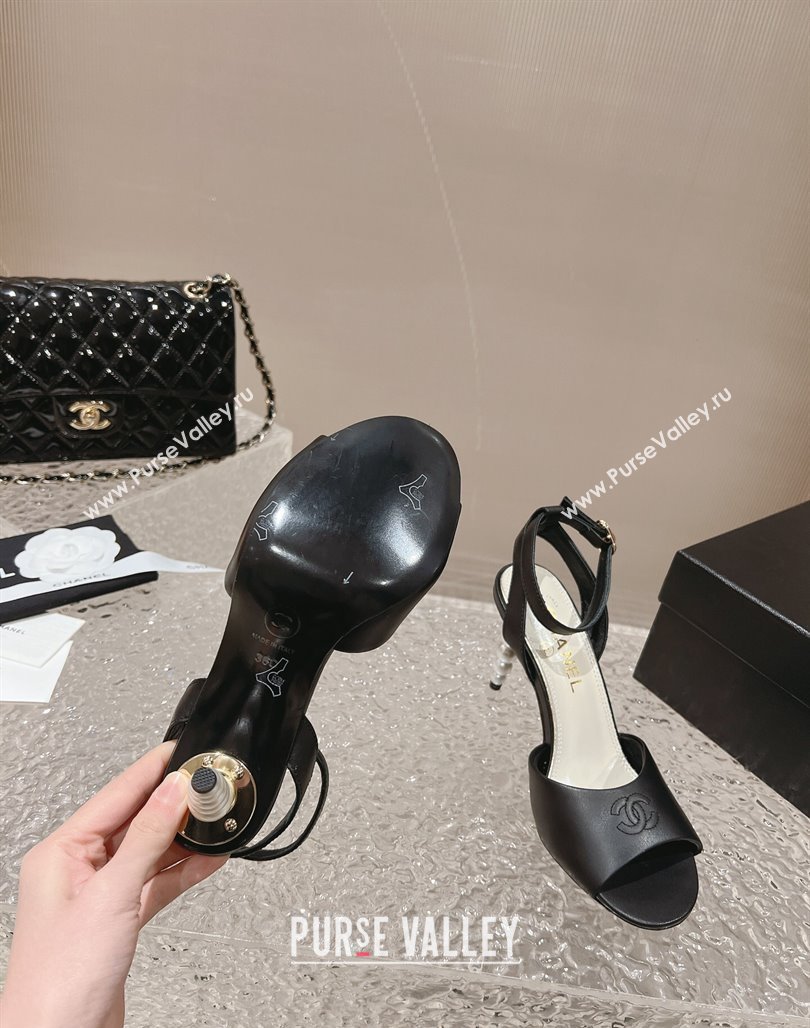 Chanel Calfskin Sandals 8.5cm with Pearls Heel and CC Embroidery Black 2024 0126 (MD-240126059)