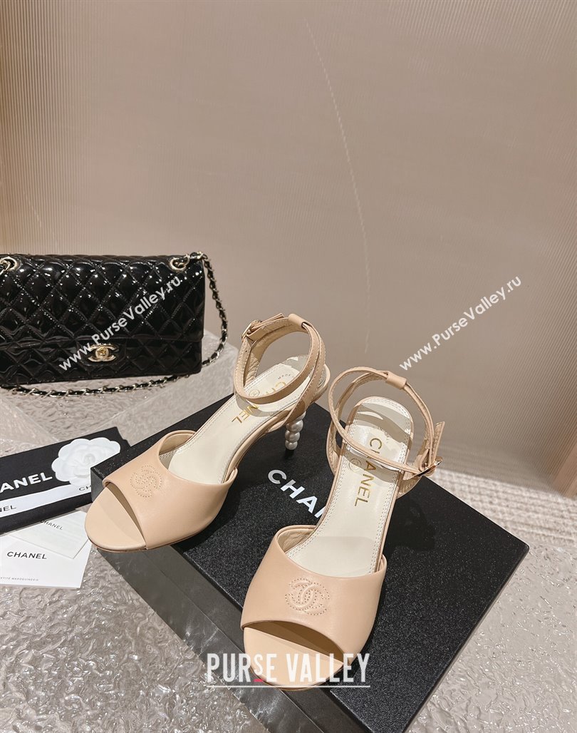 Chanel Calfskin Sandals 8.5cm with Pearls Heel and CC Embroidery Nude 2024 0126 (MD-240126060)