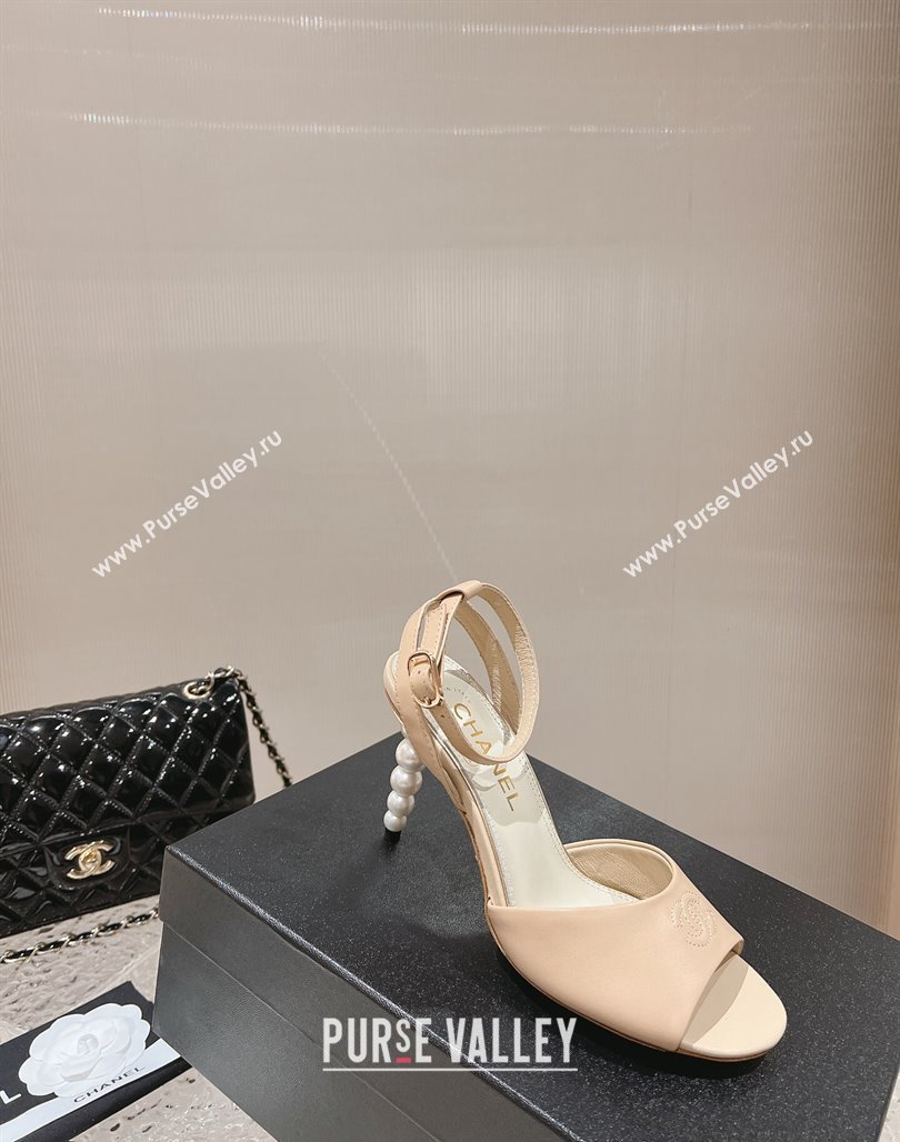 Chanel Calfskin Sandals 8.5cm with Pearls Heel and CC Embroidery Nude 2024 0126 (MD-240126060)