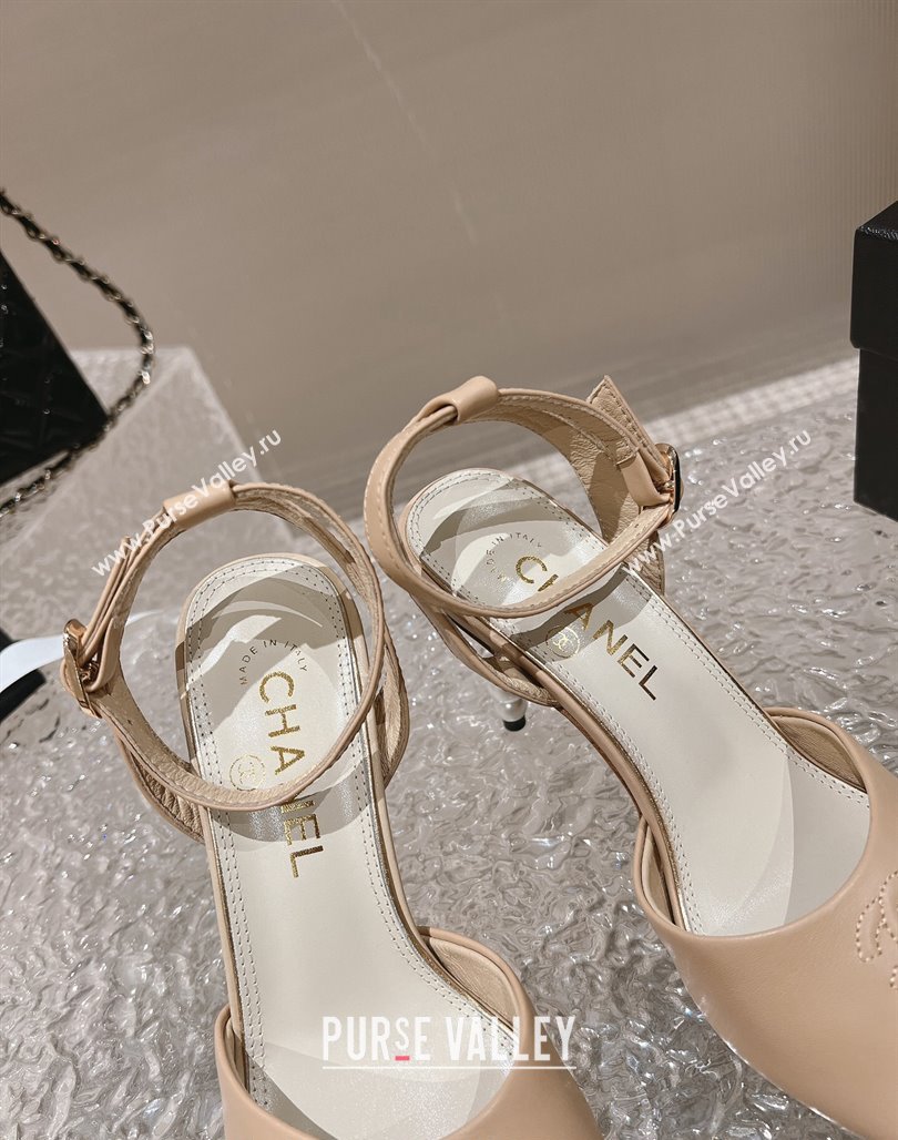 Chanel Calfskin Sandals 8.5cm with Pearls Heel and CC Embroidery Nude 2024 0126 (MD-240126060)